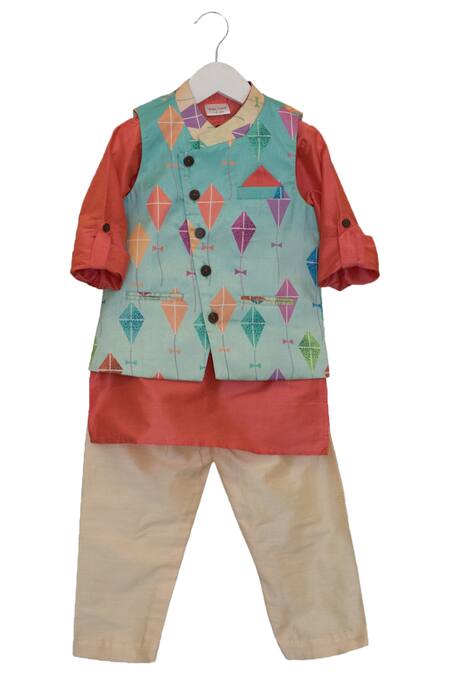Kids Lane_Blue Kite Print Jacket With Kurta And Pyjama _Online_at_Aza_Fashions