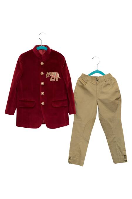 Kids Lane Beige Elephant Embroidered Bandhgala With Breeches 