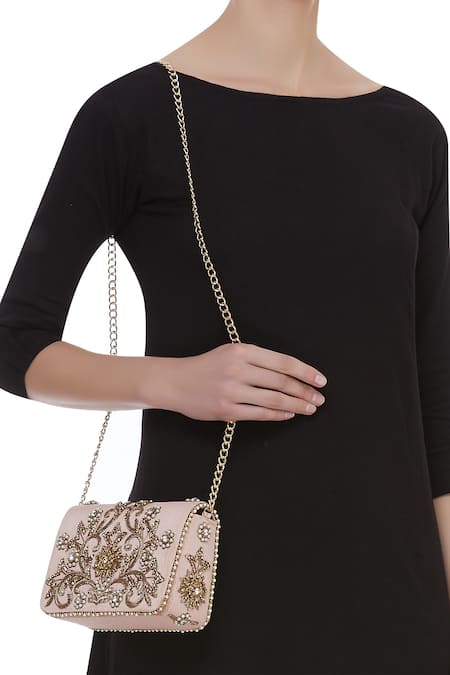 Shop Fuchsia by aashaka mehta Peach Embroidery, Beads Clutch With Sling at Aza Fashions Shop_Fuchsia by aashaka mehta_Peach Embroidery, Beads Clutch With Sling _at_Aza_Fashions