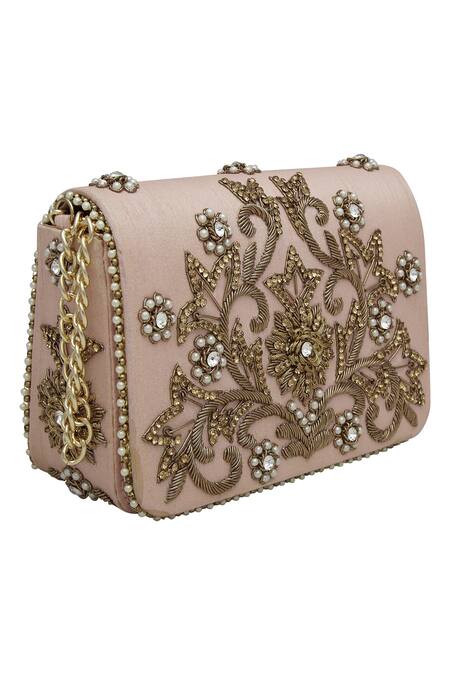 Buy Fuchsia by aashaka mehta Peach Embroidery, Beads Clutch With Sling Online at Aza Fashions Buy_Fuchsia by aashaka mehta_Peach Embroidery, Beads Clutch With Sling _Online_at_Aza_Fashions