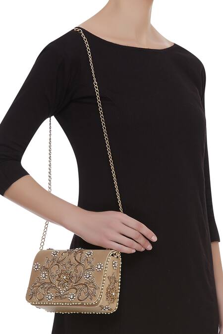 Shop Fuchsia by aashaka mehta Gold Embroidery Clutch With Sling at Aza Fashions Shop_Fuchsia by aashaka mehta_Gold Embroidery Clutch With Sling _at_Aza_Fashions