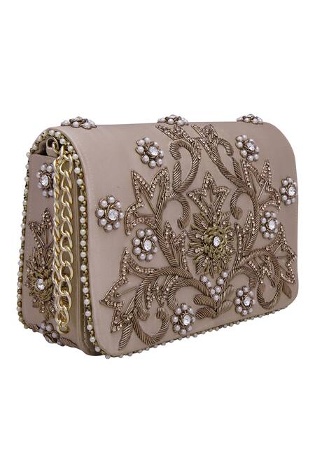 Buy Fuchsia by aashaka mehta Gold Embroidery Clutch With Sling Online at Aza Fashions Buy_Fuchsia by aashaka mehta_Gold Embroidery Clutch With Sling _Online_at_Aza_Fashions