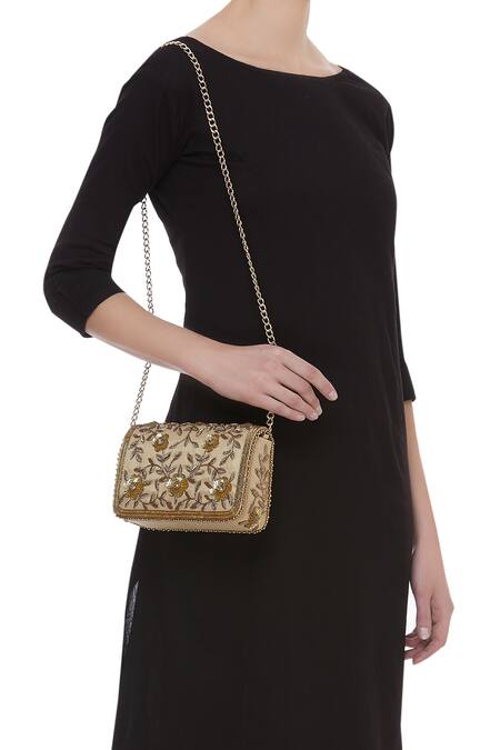 Shop Fuchsia by aashaka mehta Gold Embroidery, Sequins, Zari Clutch With Sling at Aza Fashions Shop_Fuchsia by aashaka mehta_Gold Embroidery, Sequins, Zari Clutch With Sling _at_Aza_Fashions