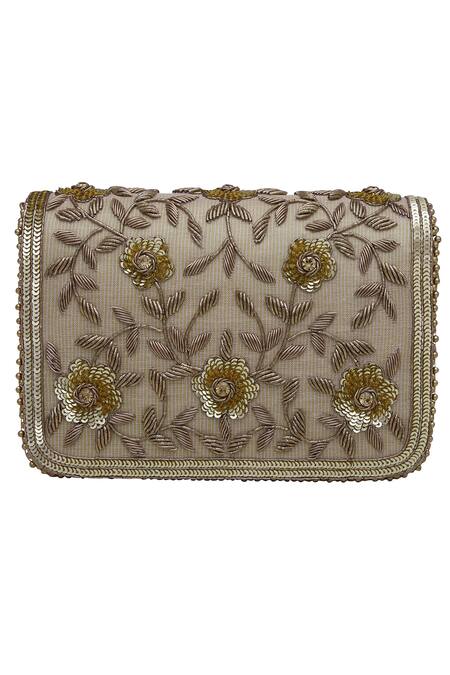 Fuchsia by aashaka mehta Gold Embroidery, Sequins, Zari Clutch With Sling Online at Aza Fashions Fuchsia by aashaka mehta_Gold Embroidery, Sequins, Zari Clutch With Sling _Online_at_Aza_Fashions