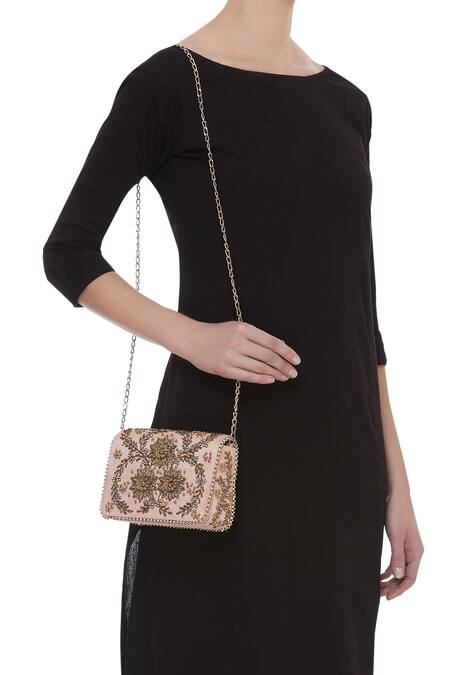 Shop Fuchsia by aashaka mehta Peach Embroidery Clutch With Sling at Aza Fashions Shop_Fuchsia by aashaka mehta_Peach Embroidery Clutch With Sling _at_Aza_Fashions