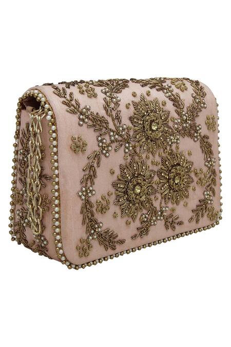 Buy Fuchsia by aashaka mehta Peach Embroidery Clutch With Sling Online at Aza Fashions Buy_Fuchsia by aashaka mehta_Peach Embroidery Clutch With Sling _Online_at_Aza_Fashions