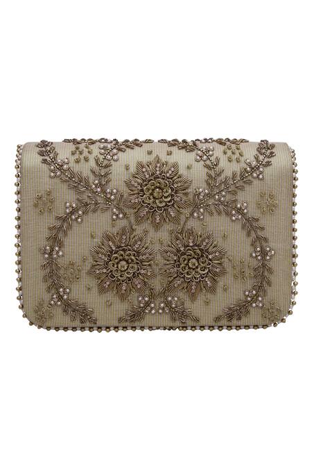 Fuchsia by aashaka mehta Gold Embroidery, Sequins, Beads Clutch With Sling Online at Aza Fashions Fuchsia by aashaka mehta_Gold Embroidery, Sequins, Beads Clutch With Sling _Online_at_Aza_Fashions