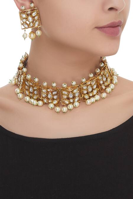 Shop_Anjali Jain_Gold Plated Kundan Choker And Earrings Set _at_Aza_Fashions