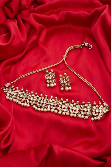 Buy_Anjali Jain_Gold Plated Kundan Choker And Earrings Set _Online_at_Aza_Fashions