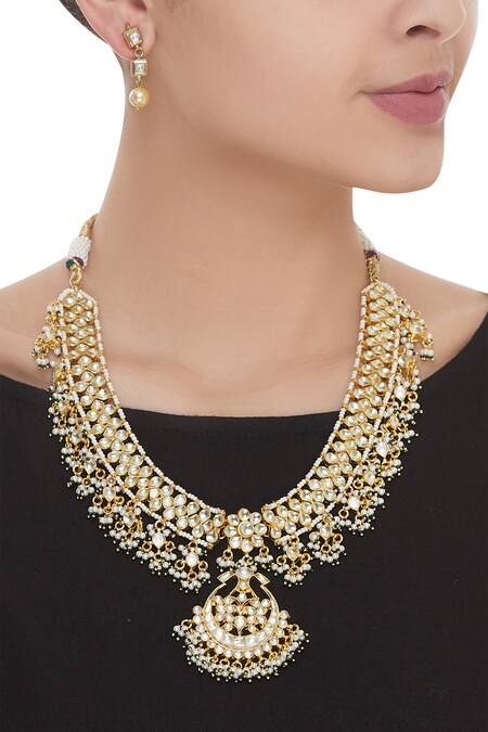 Shop Anjali Jain Gold Plated Kundan Bead Necklace And Earring Set at Aza Fashions Shop_Anjali Jain_Gold Plated Kundan Bead Necklace And Earring Set_at_Aza_Fashions