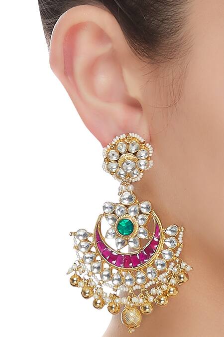 Shop Anjali Jain Gold Plated Floral Chandbali Bead Earrings at Aza Fashions Shop_Anjali Jain_Gold Plated Floral Chandbali Bead Earrings_at_Aza_Fashions