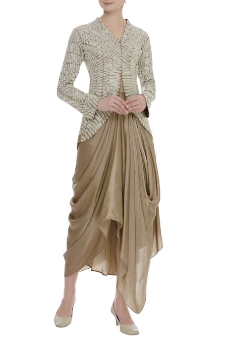 COUTURE BY NIHARIKA Feather embroidered jacket and draped skirt 