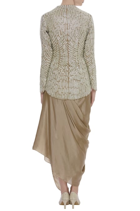 COUTURE BY NIHARIKA Feather embroidered jacket and draped skirt 