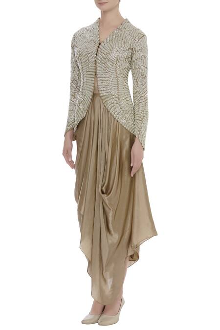 COUTURE BY NIHARIKA_Beige Cape Organza, Skirt Satin Nalki V Feather Embroidered Jacket And Draped _Online_at_Aza_Fashions
