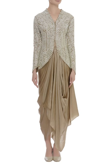 Buy_COUTURE BY NIHARIKA_Beige Cape Organza, Skirt Satin Nalki V Feather Embroidered Jacket And Draped _Online_at_Aza_Fashions