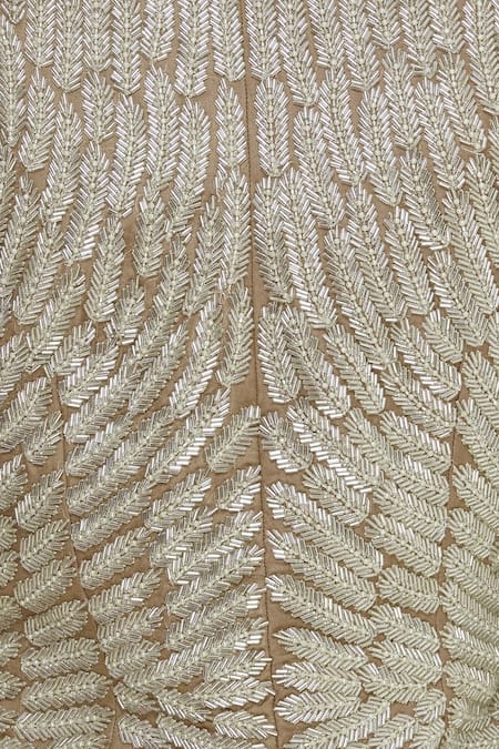 COUTURE BY NIHARIKA_Beige Cape Organza, Skirt Satin Nalki V Feather Embroidered Jacket And Draped _at_Aza_Fashions