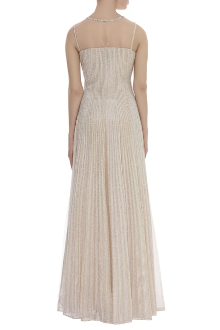 Shop COUTURE BY NIHARIKA Peach Net Sequin Square Neck Sheer Neckline Embroidered Gown at Aza Fashions Shop_COUTURE BY NIHARIKA_Peach Net Sequin Square Neck Sheer Neckline Embroidered Gown _at_Aza_Fashions