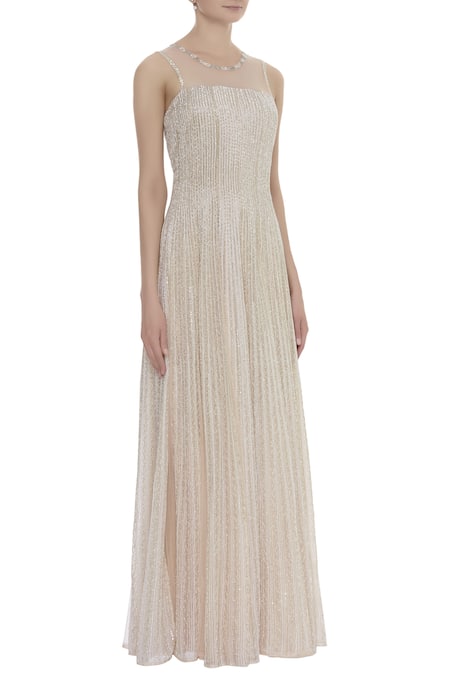 COUTURE BY NIHARIKA Peach Net Sequin Square Neck Sheer Neckline Embroidered Gown Online at Aza Fashions COUTURE BY NIHARIKA_Peach Net Sequin Square Neck Sheer Neckline Embroidered Gown _Online_at_Aza_Fashions