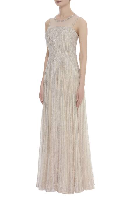 Buy COUTURE BY NIHARIKA Peach Net Sequin Square Neck Sheer Neckline Embroidered Gown Online at Aza Fashions Buy_COUTURE BY NIHARIKA_Peach Net Sequin Square Neck Sheer Neckline Embroidered Gown _Online_at_Aza_Fashions