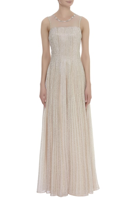 Shop COUTURE BY NIHARIKA Peach Net Sequin Square Neck Sheer Neckline Embroidered Gown Online at Aza Fashions Shop_COUTURE BY NIHARIKA_Peach Net Sequin Square Neck Sheer Neckline Embroidered Gown _Online_at_Aza_Fashions