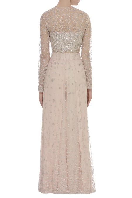 Shop COUTURE BY NIHARIKA Peach Georgette Scallop Square Neck Embroidered Bustier With Jacket And Palazzo at Aza Fashions Shop_COUTURE BY NIHARIKA_Peach Georgette Scallop Square Neck Embroidered Bustier With Jacket And Palazzo _at_Aza_Fashions