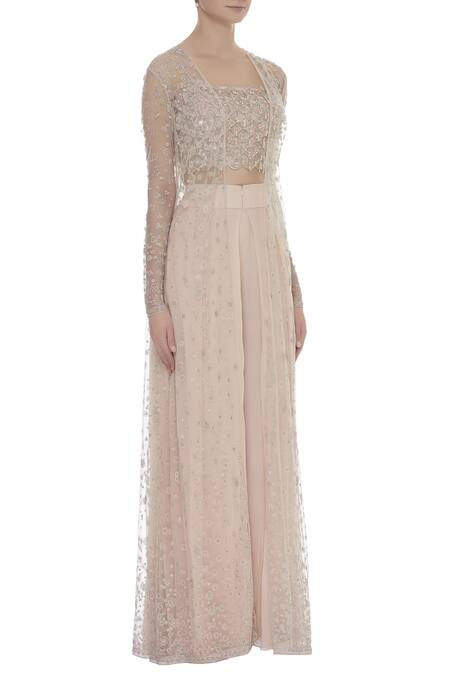 COUTURE BY NIHARIKA Peach Georgette Scallop Square Neck Embroidered Bustier With Jacket And Palazzo Online at Aza Fashions COUTURE BY NIHARIKA_Peach Georgette Scallop Square Neck Embroidered Bustier With Jacket And Palazzo _Online_at_Aza_Fashions