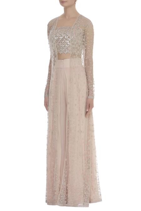 Buy COUTURE BY NIHARIKA Peach Georgette Scallop Square Neck Embroidered Bustier With Jacket And Palazzo Online at Aza Fashions Buy_COUTURE BY NIHARIKA_Peach Georgette Scallop Square Neck Embroidered Bustier With Jacket And Palazzo _Online_at_Aza_Fashions