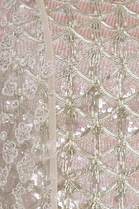 COUTURE BY NIHARIKA Peach Georgette Scallop Square Neck Embroidered Bustier With Jacket And Palazzo at Aza Fashions COUTURE BY NIHARIKA_Peach Georgette Scallop Square Neck Embroidered Bustier With Jacket And Palazzo _at_Aza_Fashions