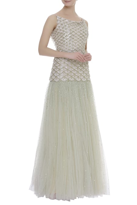 COUTURE BY NIHARIKA Green Net Scallop Round Neck Embroidered Gown 