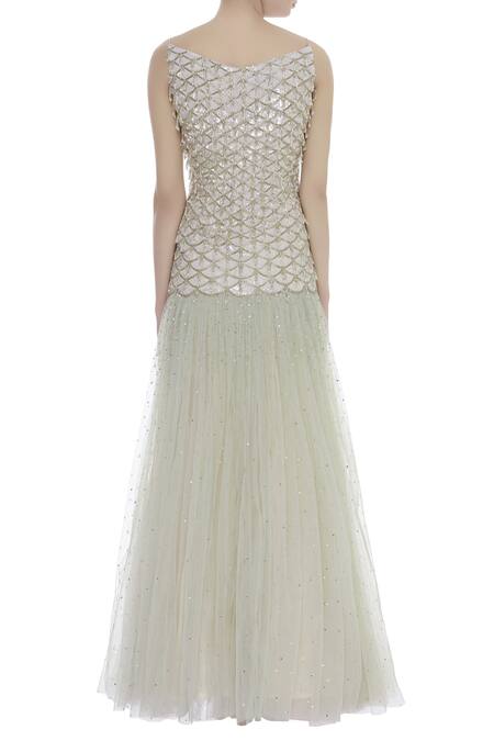 Shop COUTURE BY NIHARIKA Green Net Scallop Round Neck Embroidered Gown at Aza Fashions Shop_COUTURE BY NIHARIKA_Green Net Scallop Round Neck Embroidered Gown _at_Aza_Fashions