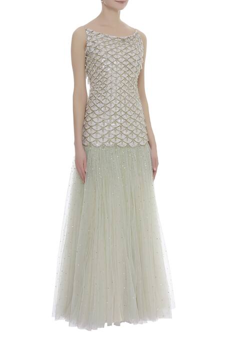 COUTURE BY NIHARIKA Green Net Scallop Round Neck Embroidered Gown Online at Aza Fashions COUTURE BY NIHARIKA_Green Net Scallop Round Neck Embroidered Gown _Online_at_Aza_Fashions