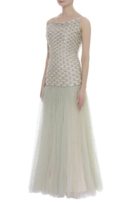 Buy COUTURE BY NIHARIKA Green Net Scallop Round Neck Embroidered Gown Online at Aza Fashions Buy_COUTURE BY NIHARIKA_Green Net Scallop Round Neck Embroidered Gown _Online_at_Aza_Fashions