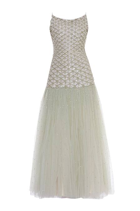 Shop COUTURE BY NIHARIKA Green Net Scallop Round Neck Embroidered Gown Online at Aza Fashions Shop_COUTURE BY NIHARIKA_Green Net Scallop Round Neck Embroidered Gown _Online_at_Aza_Fashions