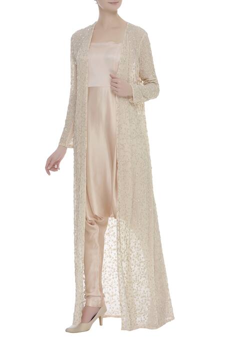 COUTURE BY NIHARIKA Peach Jacket Net, Jumpsuit Satin Floral Square Neck Draped With Embroidered 