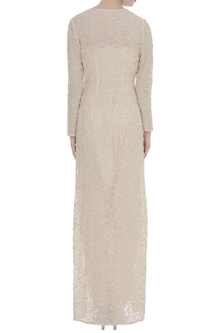 Shop COUTURE BY NIHARIKA Peach Jacket Net, Jumpsuit Satin Floral Square Neck Draped With Embroidered at Aza Fashions Shop_COUTURE BY NIHARIKA_Peach Jacket Net, Jumpsuit Satin Floral Square Neck Draped With Embroidered _at_Aza_Fashions