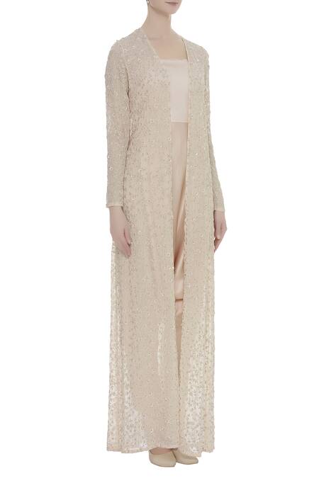 COUTURE BY NIHARIKA Peach Jacket Net, Jumpsuit Satin Floral Square Neck Draped With Embroidered Online at Aza Fashions COUTURE BY NIHARIKA_Peach Jacket Net, Jumpsuit Satin Floral Square Neck Draped With Embroidered _Online_at_Aza_Fashions