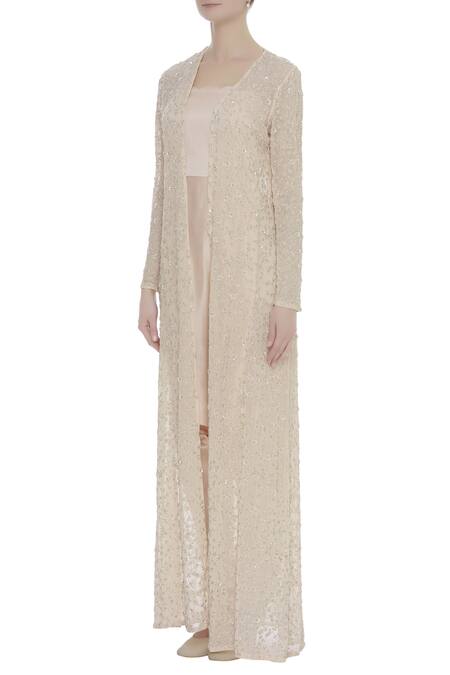 Buy COUTURE BY NIHARIKA Peach Jacket Net, Jumpsuit Satin Floral Square Neck Draped With Embroidered Online at Aza Fashions Buy_COUTURE BY NIHARIKA_Peach Jacket Net, Jumpsuit Satin Floral Square Neck Draped With Embroidered _Online_at_Aza_Fashions