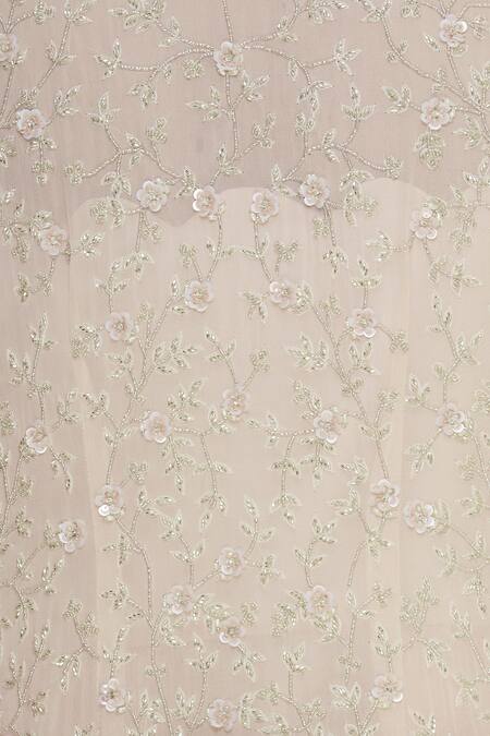 COUTURE BY NIHARIKA Peach Jacket Net, Jumpsuit Satin Floral Square Neck Draped With Embroidered at Aza Fashions COUTURE BY NIHARIKA_Peach Jacket Net, Jumpsuit Satin Floral Square Neck Draped With Embroidered _at_Aza_Fashions