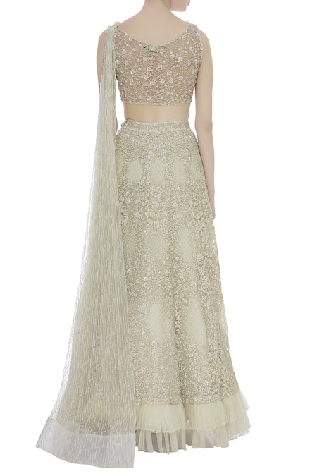Shop_COUTURE BY NIHARIKA_White Net Beads V Neck Ruffle Detail Lehenga With Blouse _at_Aza_Fashions