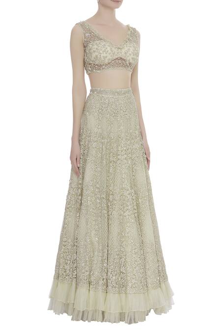 COUTURE BY NIHARIKA_White Net Beads V Neck Ruffle Detail Lehenga With Blouse _Online_at_Aza_Fashions