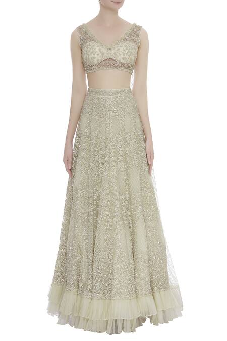Shop_COUTURE BY NIHARIKA_White Net Beads V Neck Ruffle Detail Lehenga With Blouse _Online_at_Aza_Fashions