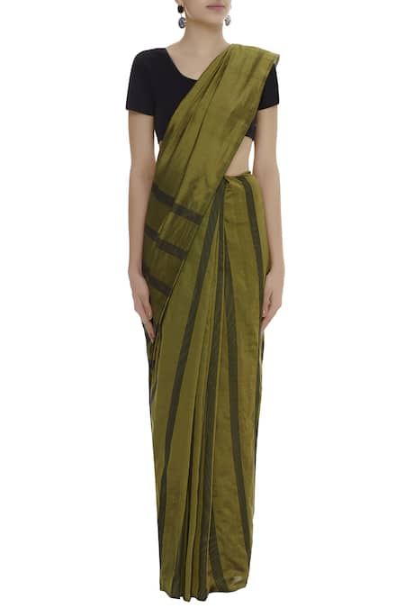 Buy_Akaaro_Green Silk Stripe Saree _Online_at_Aza_Fashions