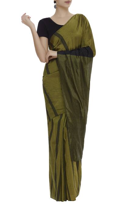 Akaaro_Green Silk Stripe Saree _Online_at_Aza_Fashions