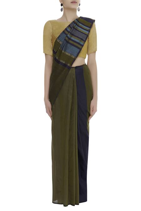 Buy_Akaaro_Green Silk Striped Saree _Online_at_Aza_Fashions