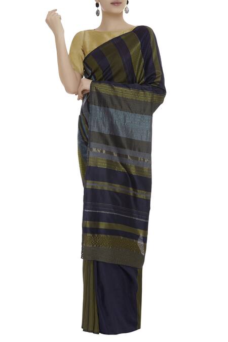 Akaaro_Green Silk Striped Saree _Online_at_Aza_Fashions