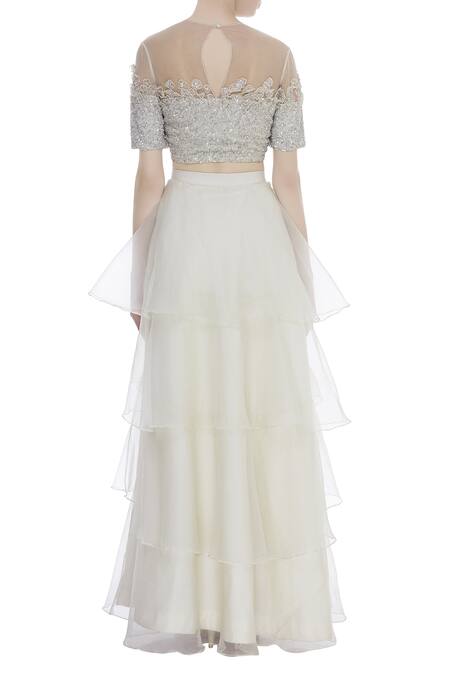 Shop COUTURE BY NIHARIKA Grey Organza, Net Sequin Round Layered Skirt With Embroidered Blouse And Dupatta at Aza Fashions Shop_COUTURE BY NIHARIKA_Grey Organza, Net Sequin Round Layered Skirt With Embroidered Blouse And Dupatta _at_Aza_Fashions
