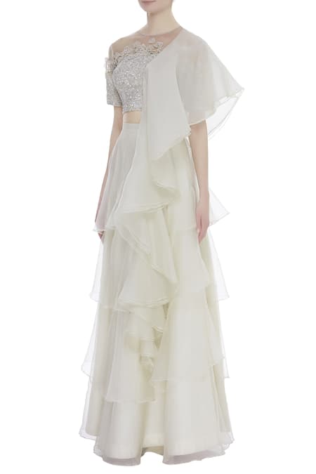 COUTURE BY NIHARIKA Grey Organza, Net Sequin Round Layered Skirt With Embroidered Blouse And Dupatta Online at Aza Fashions COUTURE BY NIHARIKA_Grey Organza, Net Sequin Round Layered Skirt With Embroidered Blouse And Dupatta _Online_at_Aza_Fashions