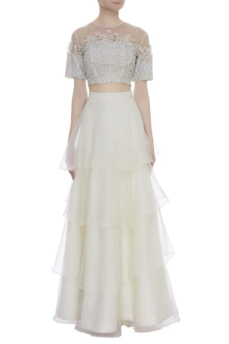 Buy COUTURE BY NIHARIKA Grey Organza, Net Sequin Round Layered Skirt With Embroidered Blouse And Dupatta Online at Aza Fashions Buy_COUTURE BY NIHARIKA_Grey Organza, Net Sequin Round Layered Skirt With Embroidered Blouse And Dupatta _Online_at_Aza_Fashions