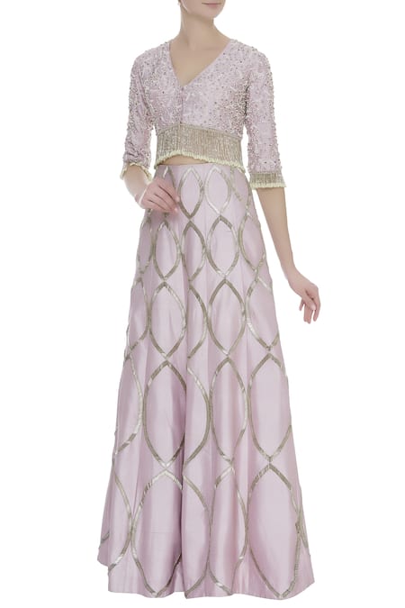 COUTURE BY NIHARIKA Purple Raw Silk Petal V Neck Embroidered Lehenga With Blouse 