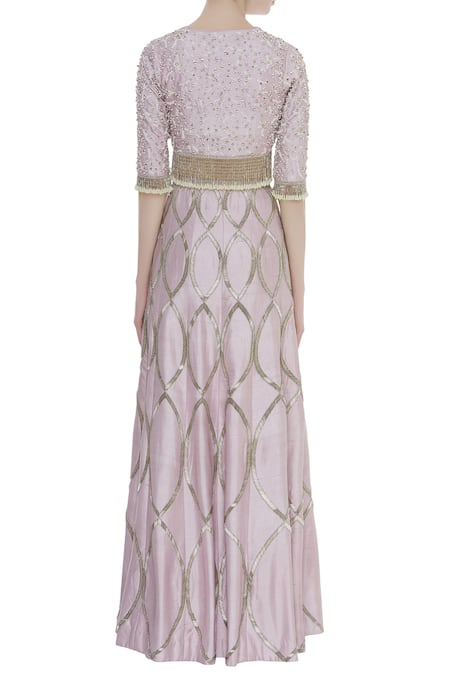 Shop COUTURE BY NIHARIKA Purple Raw Silk Petal V Neck Embroidered Lehenga With Blouse at Aza Fashions Shop_COUTURE BY NIHARIKA_Purple Raw Silk Petal V Neck Embroidered Lehenga With Blouse _at_Aza_Fashions